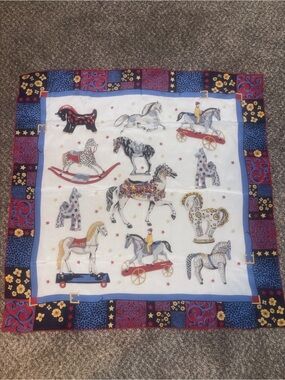 Vintage 100% Silk Longchamp Equestrian Carousel Print Bandana Scarf